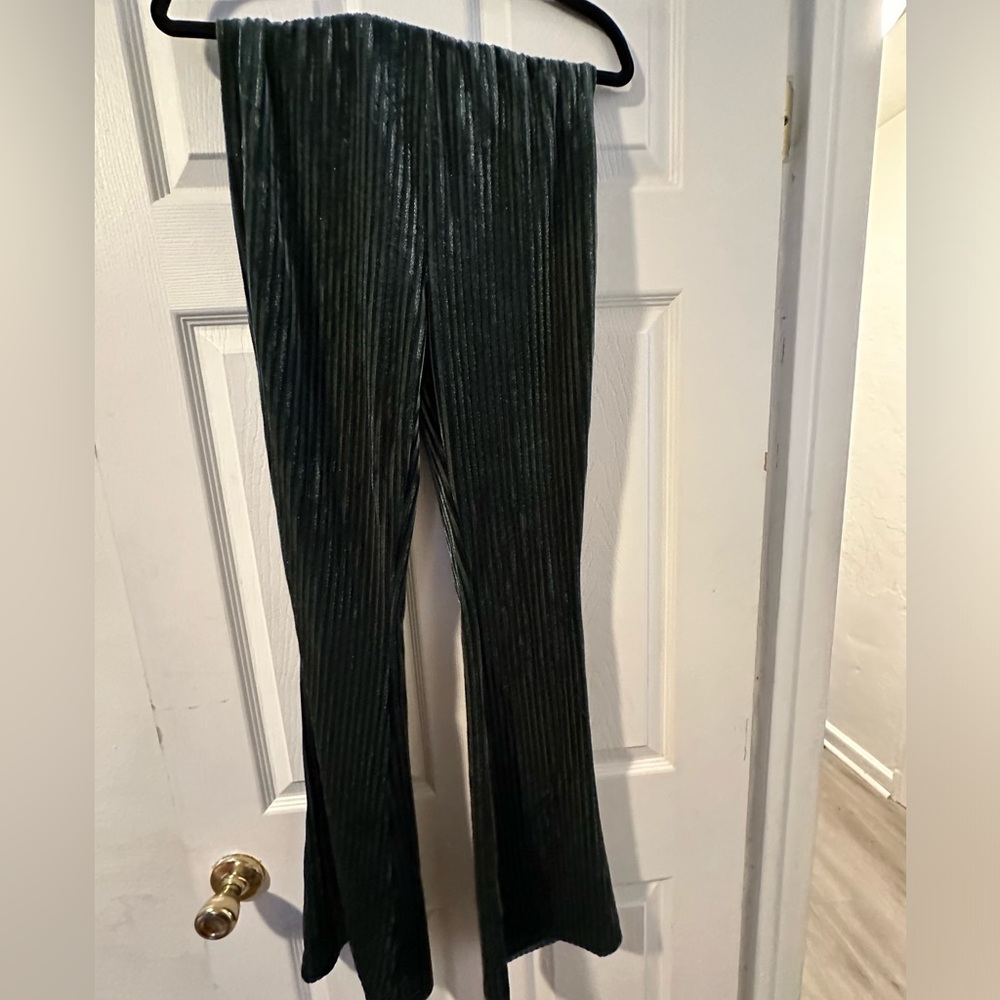 Dark green velour velvet feel flare high waist pants brand new!